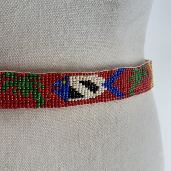 CDE Women's Beaded Fish Multicolored Belt Leather Boho Red White Blue size 28 - Picture 12 of 13